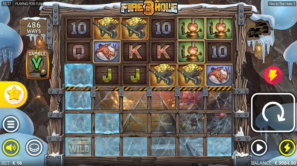 Fire in the Hole 3 base game with cascading mine shaft grid expanding during a win chain